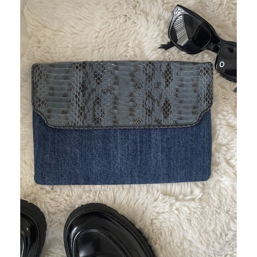 BARABOUX X MOPHIE E6 Blue Denim Genuine Python Snakeskin Luxury Pouch Clutch Bag